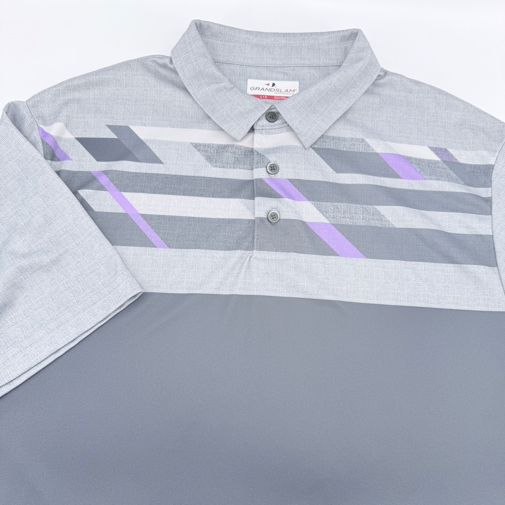 Grand‎ Slam Performance Golf Polo Shirt Mens Large Grey Purple Geometric Stripe